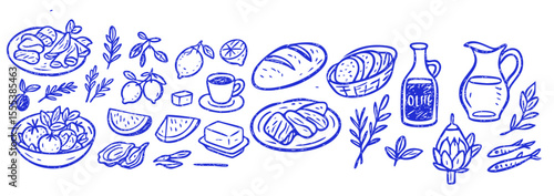 Mediterranean Food Ingredients Doodle Vector Set