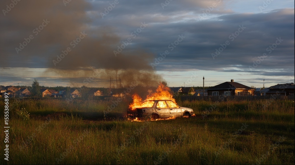 Obraz premium Burning car engulfed in flames and smoke in grassy field during summer, with background of traditional Russian village homes, highlighting rural fire emergency scene.