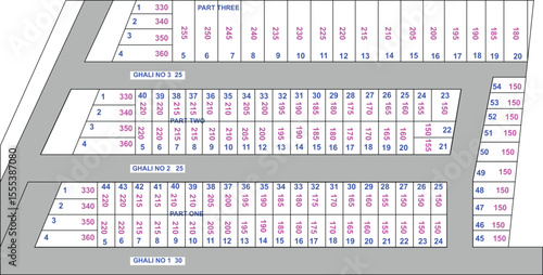 "Detailed Vector Map of Residential Plot Layout with Numbered Land Parcels, Road Labels, and Area Dimensions – Ideal for Real Estate or Urban Planning Use
