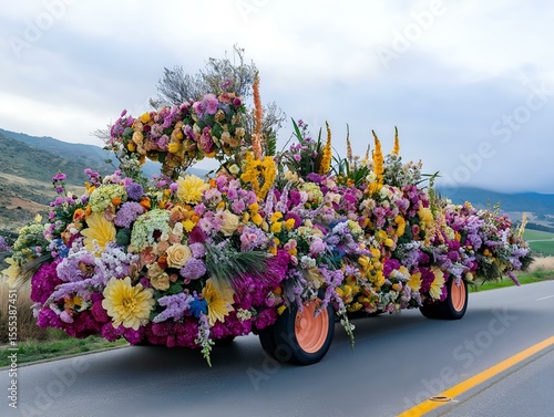 vintage parade float, floral decorations, colorful flowers, festive design, street parade.