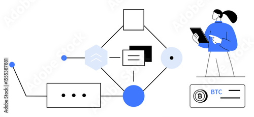Woman using tablet to analyze blockchain network elements, cryptocurrency wallet, and financial systems. Ideal for fintech, cryptocurrency, blockchain innovation, digital economy, financial apps
