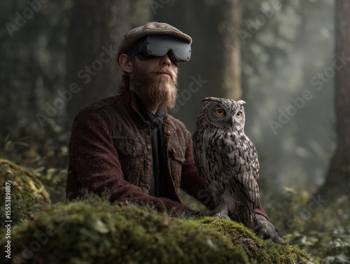 Man with owl in forest, wearing VR headset. Technology meets wildlife, peaceful.