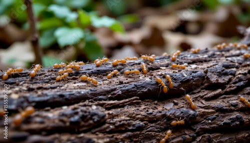 a group of termites crawling along a rotting log in tropical rainforest, humid atmosphere and earthy tones, macro documentary style