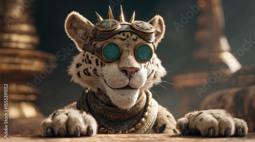 Leopard with steampunk goggles, fantasy animal character with golden jewelry