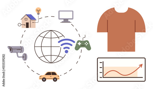 Globe surrounded by smart devices thumbs up a camera, car, home, and computer, connected by wireless signals. Ideal for IoT, smart tech, connectivity, innovation technology communication simple