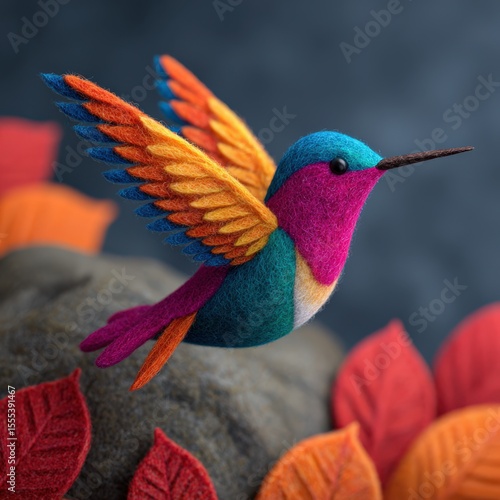 Colorful felt hummingbird flying near autumn leaves, handcrafted bird art