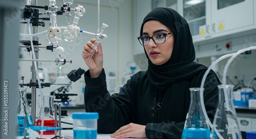 Focused Muslim Scientist Examines Lab Equipment in Modern Facility