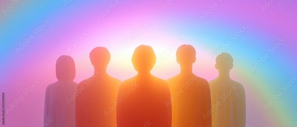 Group of people silhouettes against colorful background, togetherness concept, teamwork, community, hope, abstract, five people, positivity, unity Group of people silhouettes against colorful background, togetherness concept, teamwork, community, hope, abstract, five people, positivity, unity