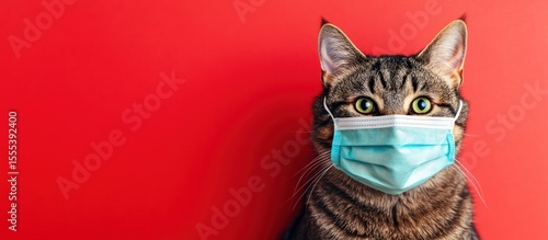 Tabby cat wearing a protective surgical mask on vibrant red backdrop