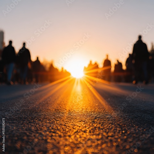 Silhouettes of people walking towards the sunlight at sunrise, hope, path, and direction.