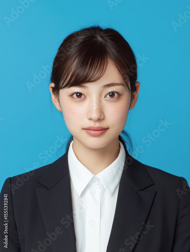 スーツを着た若い日本人女性の証明写真