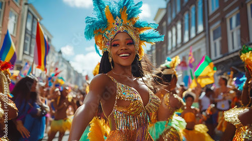 nder the warm summer sky, Rotterdam bursts into life for the Zomercarnaval. Streets pulse with rhythm as carnival dancers in vibrant feathered headdresses and flowing sequined costumes dance.
