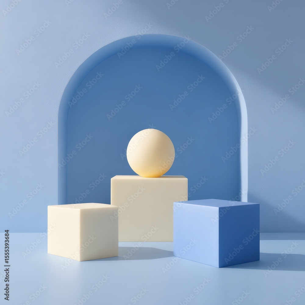 Modern composition: Sphere on blocks in blue arch, abstract shapes, 3d rendering Modern composition: Sphere on blocks in blue arch, abstract shapes, 3d rendering