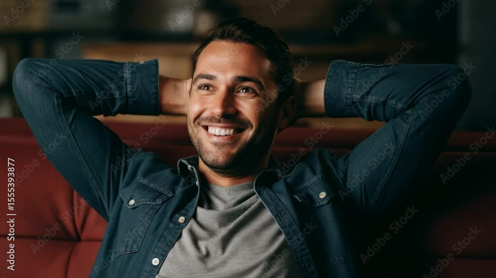 Relaxed man smiling on red sofa in cozy living room environment Relaxed man smiling on red sofa in cozy living room environment