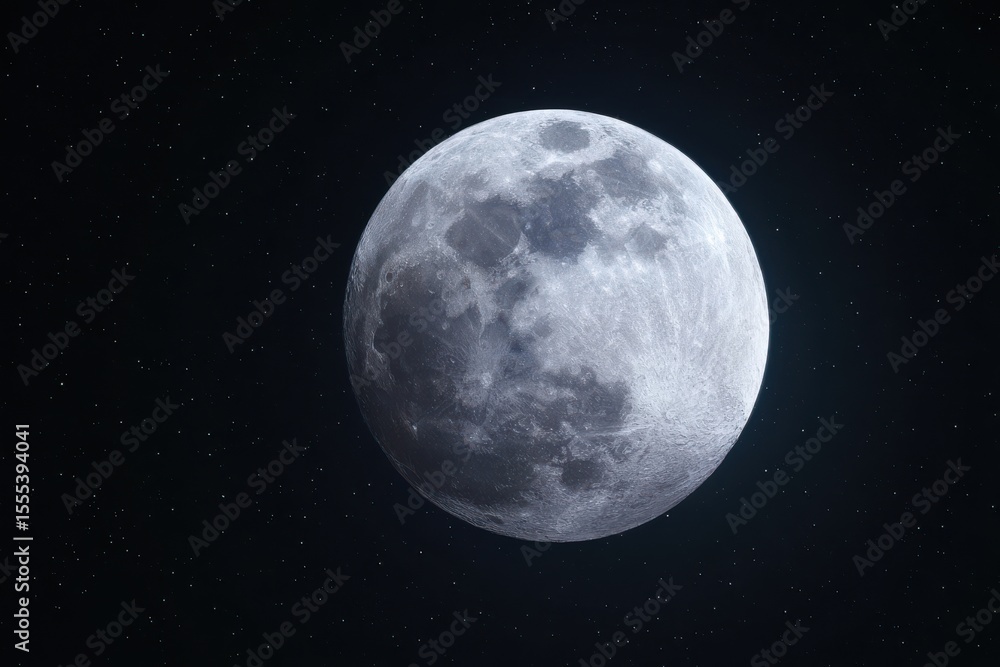Fototapeta premium Full Moon Surface Detailed Texture with Craters Against Stars Dark Sky