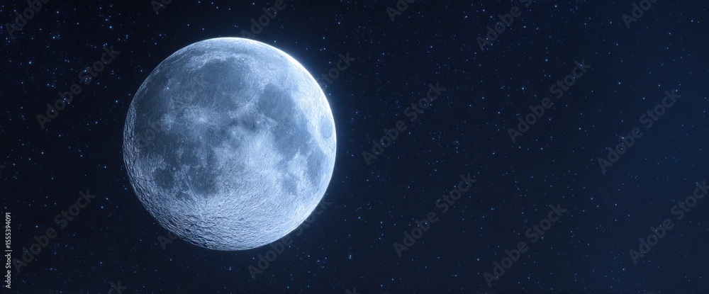 Fototapeta premium Full Moon with Detailed Surface Texture Glowing in a Starry Night Sky Landscape
