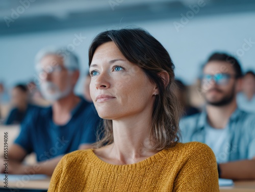 Woman in 30s attending university lecture with diverse students, attentive learning concept