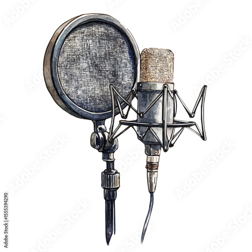 Microphone Isolation Shield, watercolor clipart vector, isolated on a white background.