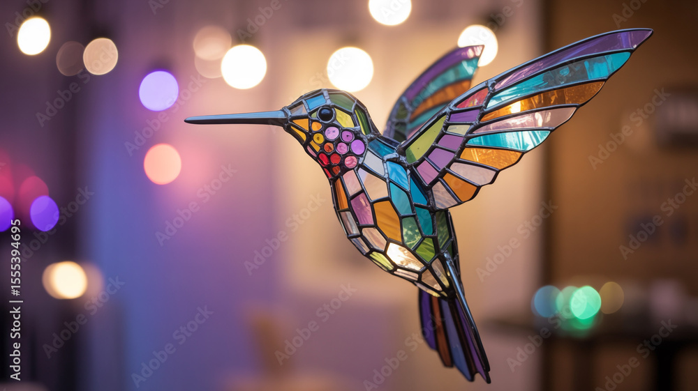 Obraz premium Stained Glass Hummingbird Sculpture in Flight with Blurred Background Lights Displaying Artistic Craftsmanship and Vibrant Color Palette