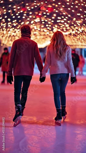 A couple enjoys a romantic ice skating date under the festive lights of a winter evening.