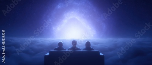Three people sitting on couch, watching a nebula on a cloud, contemplation, concept