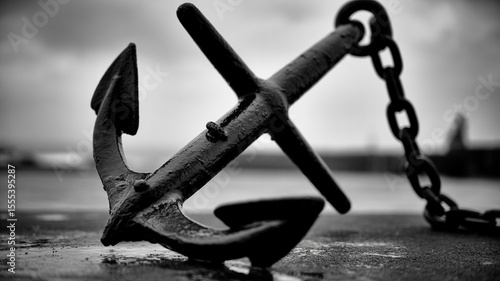 Monochrome Still Life of a Ship s Anchor and Chain on a Wet Surface Under a Cloudy Sky