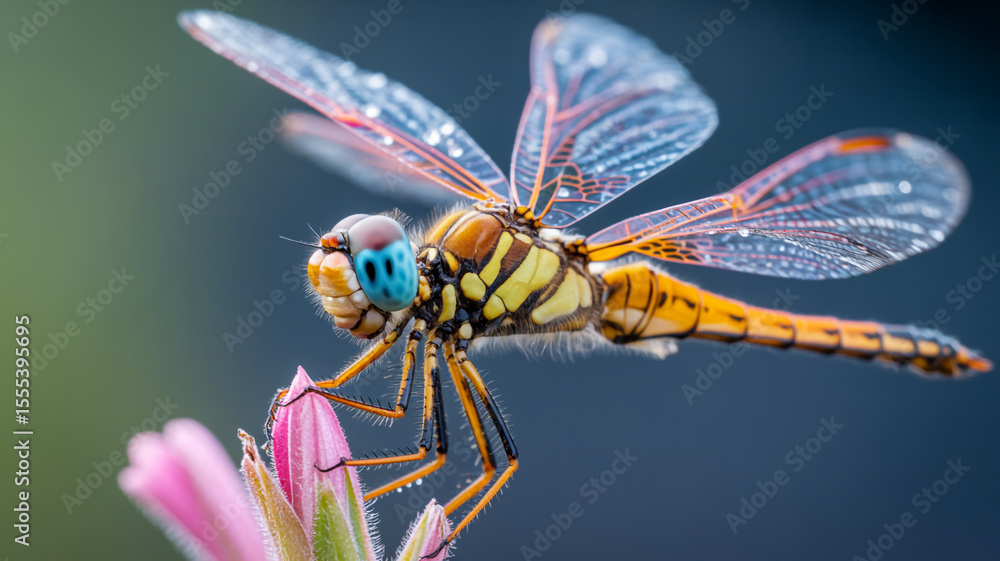Detailed Macro Shot of a Dragonfly Resting on a Pink Flower Bud with a Dark Blurred Background Detailed Macro Shot of a Dragonfly Resting on a Pink Flower Bud with a Dark Blurred Background