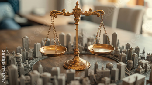 Golden Scales of Justice Balanced Atop a Miniature Cityscape Symbolizing Legal Fairness and Urban Development Equilibrium with Soft Focus Background