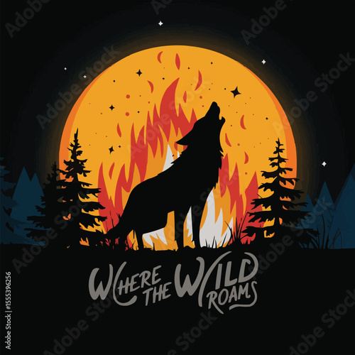 Where the Wild Roams: Wolf and Bonfire Under Starry Night, Lone Wolf T-shirt Vector Design

