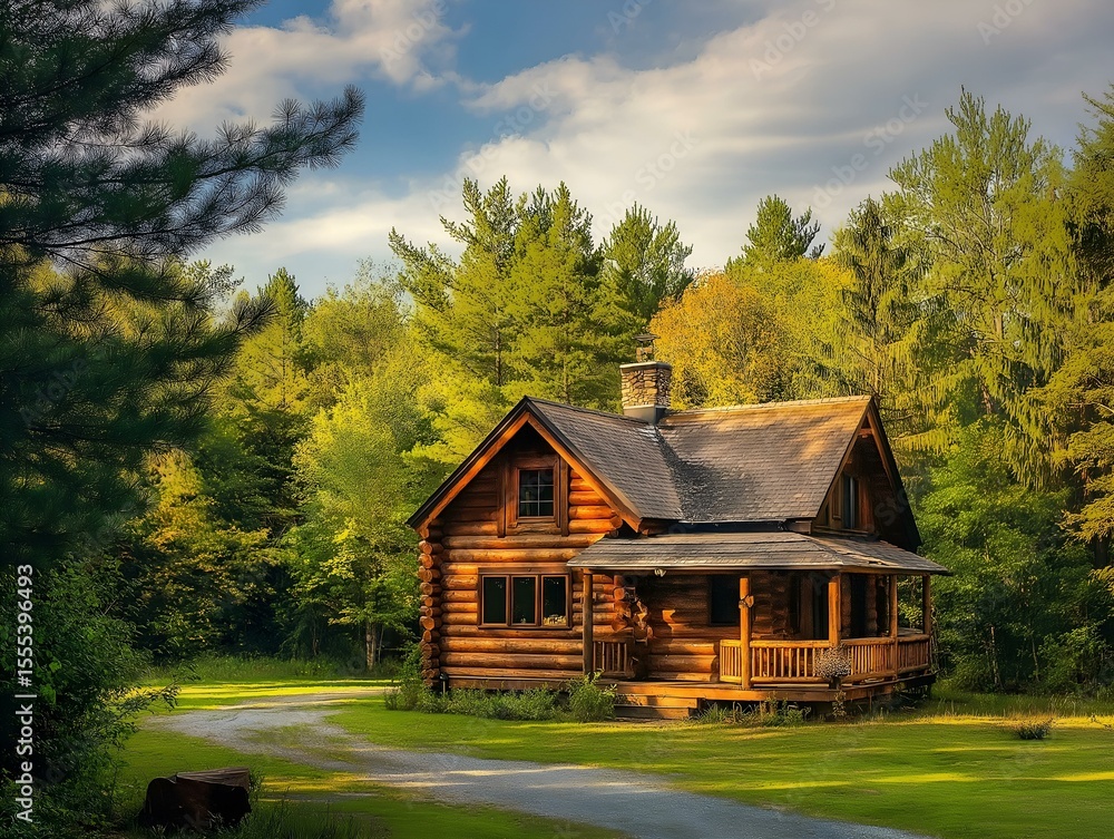 Obraz premium wooden cabin, green lawn, trees, sunny day, peaceful setting