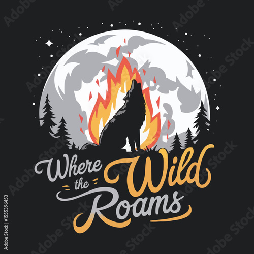 Where the Wild Roams: Wolf and Bonfire Under Starry Night, Lone Wolf T-shirt Vector Design


