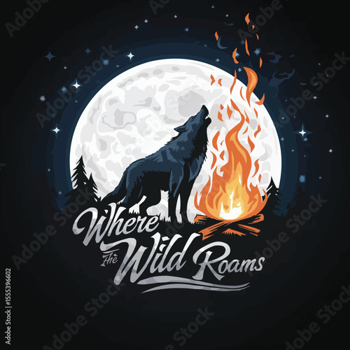Where the Wild Roams: Wolf and Bonfire Under Starry Night, Lone Wolf T-shirt Vector Design

