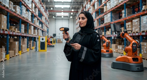 Modern Warehouse Woman: Arab businesswoman uses tech in automated logistics.