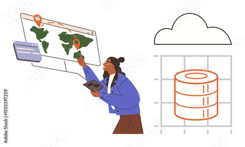Female character using a touchscreen and tablet to analyze global map data with cloud database diagram. Ideal for technology, data analysis, cloud storage, global connection, innovation, geolocation