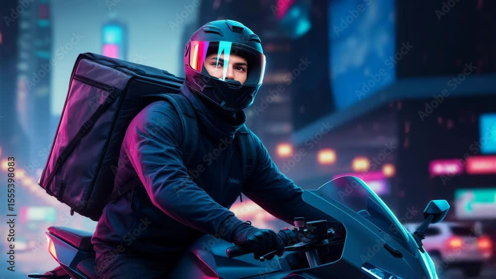 Courier on electric motorcycle navigates vibrant city streets at night Courier on electric motorcycle navigates vibrant city streets at night
