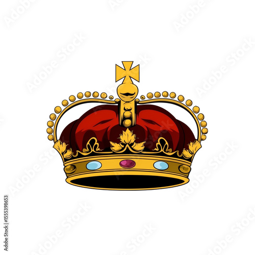 Regal golden crown with red velvet and jewels transparent background