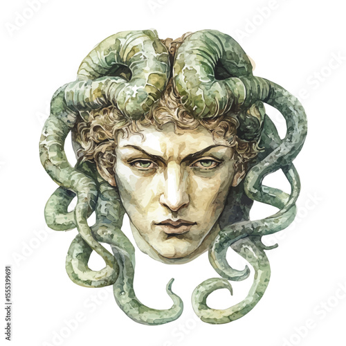 watercolor of Medusas Head Greek Mythology, vector, isolated on a white background.
