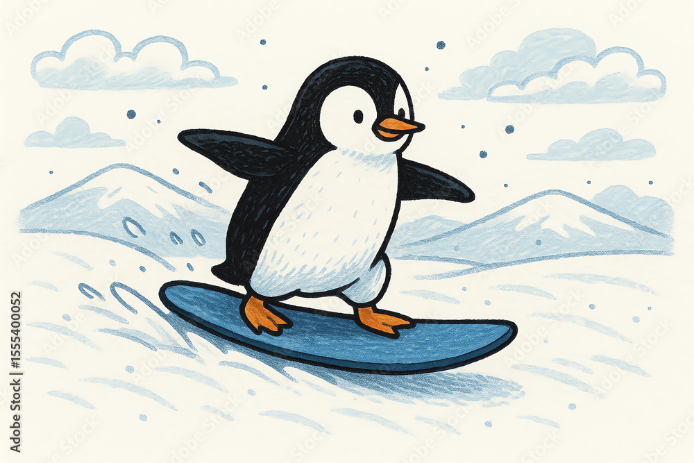 Naklejka premium penguin on snow. penguin on ice. penguin surfing on snow