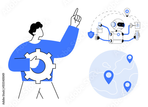 Man holding gear pointing upward, robot multitasking with tools, globe with location markers. Ideal for automation, AI, technology, innovation, teamwork global strategy business growth. Simple flat