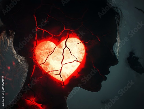 broken heart silhouette, couple profile, fiery red and orange, dramatic lighting, intense scene