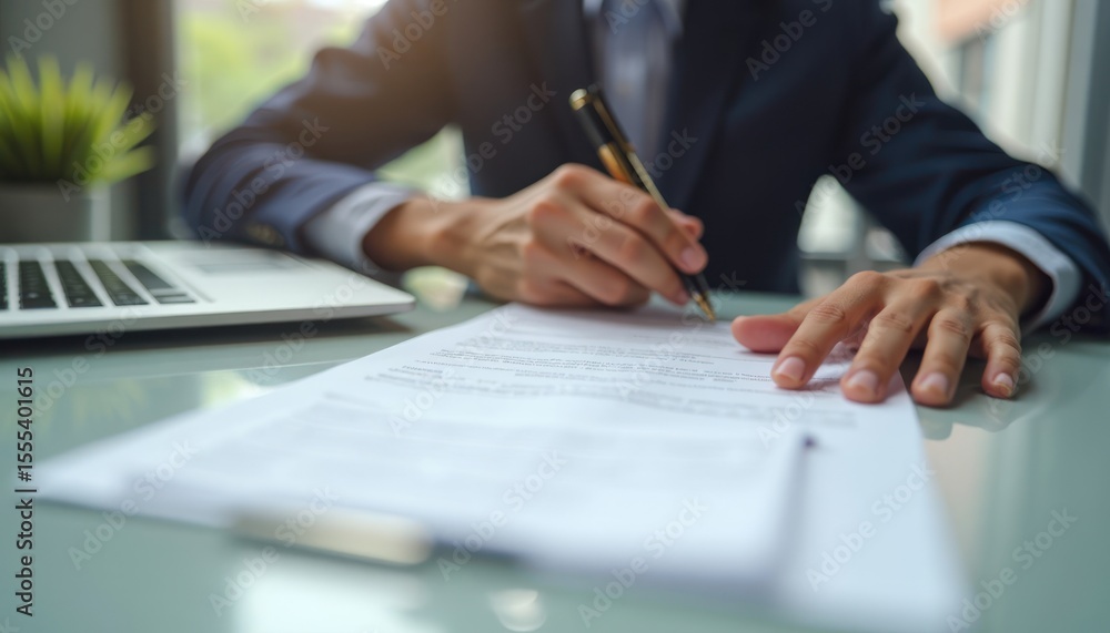 A person signs legal documents at a desk. A person signs legal documents at a desk.