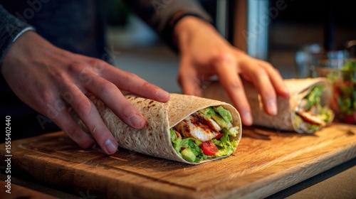 Hands skillfully wrapping a fresh chicken salad wrap on a wooden board in a cozy kitchen setting