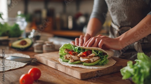 Preparing a fresh, healthy chicken wrap with vegetables in a cozy kitchen setting, showcasing vibrant ingredients