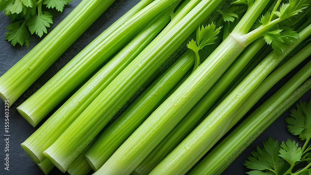 Fototapeta premium Closeup view of vibrant green celery stalks arranged on a dark surface accompanied by fresh parsley sprigs showcasing the crisp texture and juicy appearance of the vegetable ideal for culinary