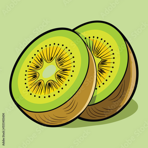 Freshly sliced kiwi fruit illustration showing vibrant green and yellow vector design elements