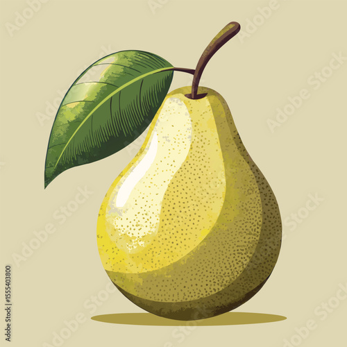 Realistic illustration of a ripe pear with a green leaf on a light background