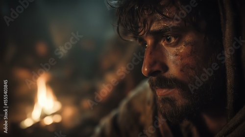 Photorealistic portrayal of Peter's confession, capturing intense emotion and vulnerability. The scene evokes a sense of revelation and sincerity, reminiscent of biblical moments. matthew 16:16, 