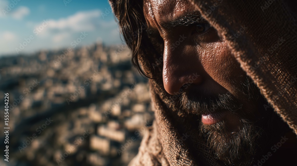Obraz premium Photorealistic portrayal of a sorrowful figure, reminiscent of Jesus weeping over Jerusalem, capturing deep emotion and reflection against a city backdrop. Biblical context, Luke 19:41-44.