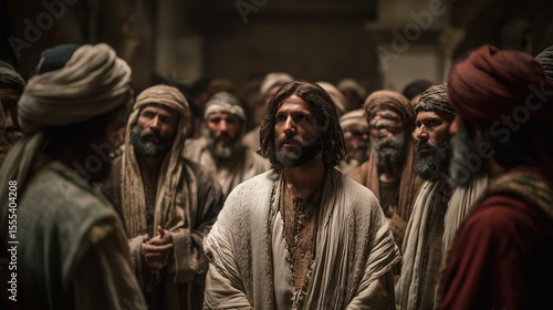 Photorealistic depiction of Jesus before the Sanhedrin, capturing tension and solemnity. The atmosphere is heavy with anticipation and judgment, referencing the Bible, Matthew 26:57-68.