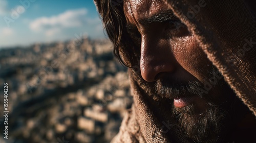 Photorealistic portrayal of a sorrowful figure, reminiscent of Jesus weeping over Jerusalem, capturing deep emotion and reflection against a city backdrop. Biblical context, Luke 19:41-44.